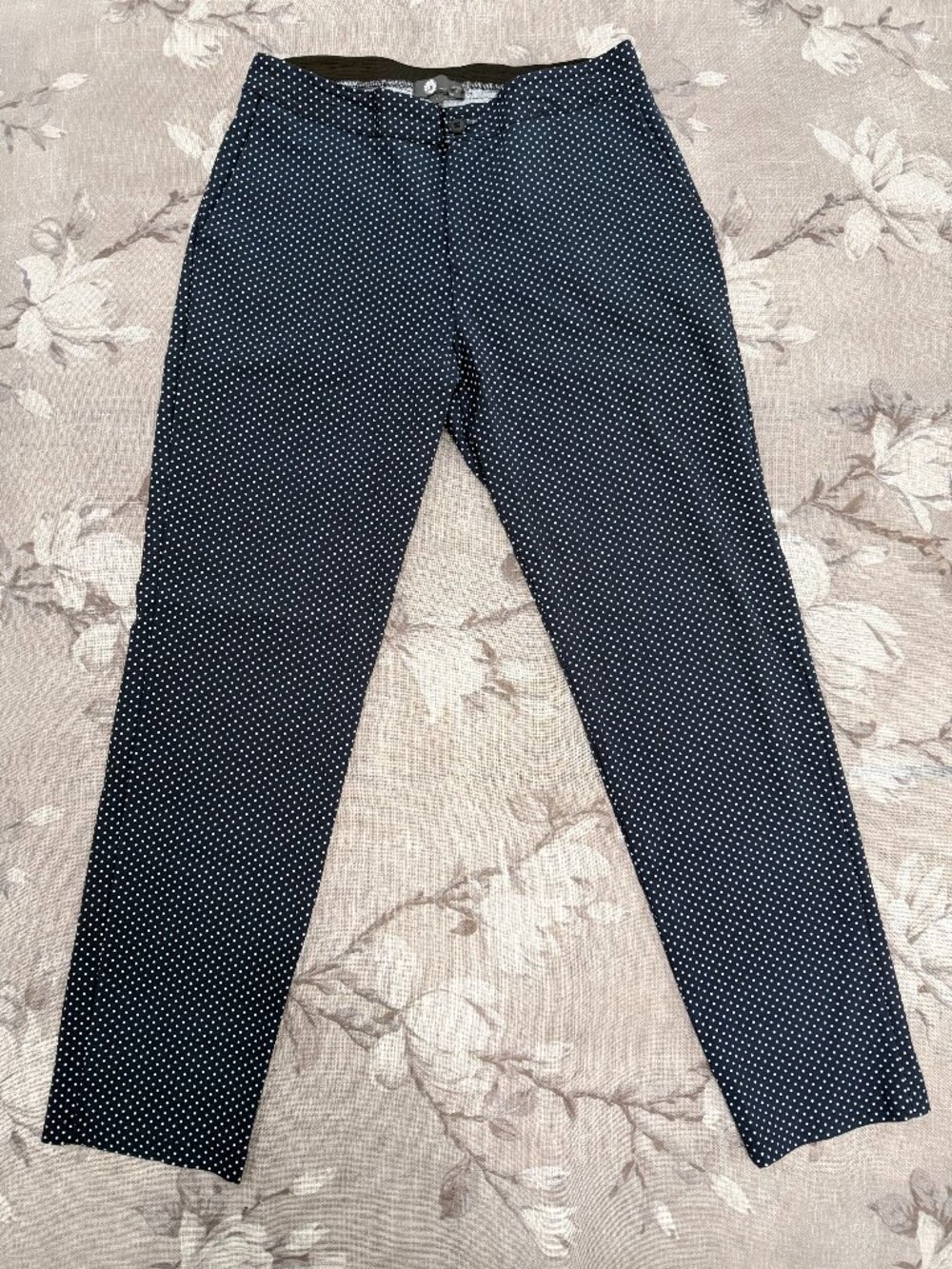 Made in Italy Navy Polka Dot Cigarette Pants L Cropped Stretch Ankle Trouser